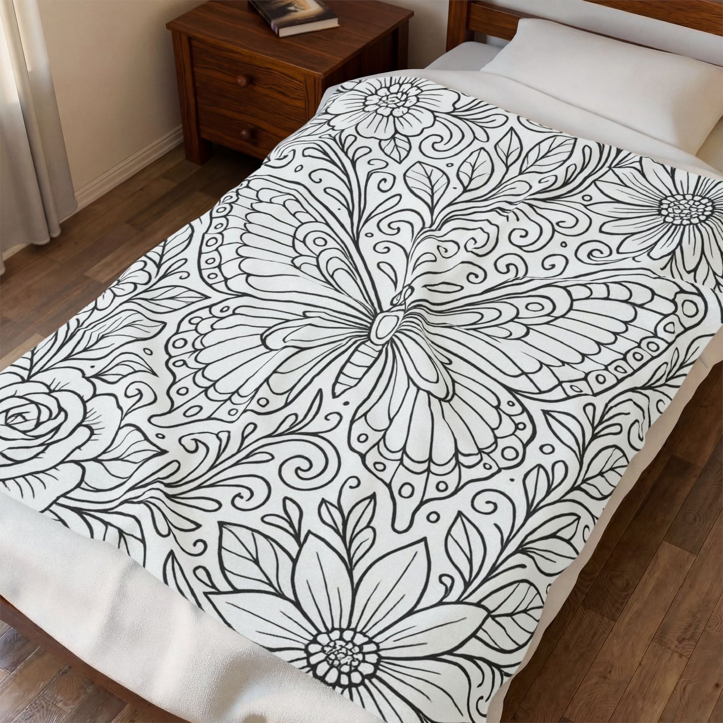 Butterfly Garden Velveteen Plush Blanket — Floral Coloring-Style Throw for Teens & Adults