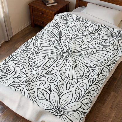 Butterfly Garden Velveteen Plush Blanket — Floral Coloring-Style Throw for Teens & Adults