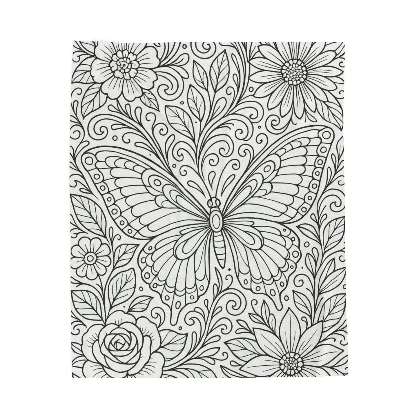 Butterfly Garden Velveteen Plush Blanket — Floral Coloring-Style Throw for Teens & Adults