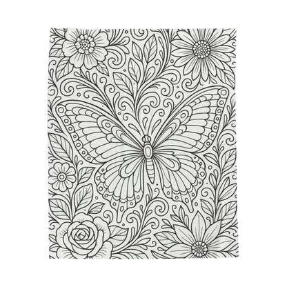 Butterfly Garden Velveteen Plush Blanket — Floral Coloring-Style Throw for Teens & Adults
