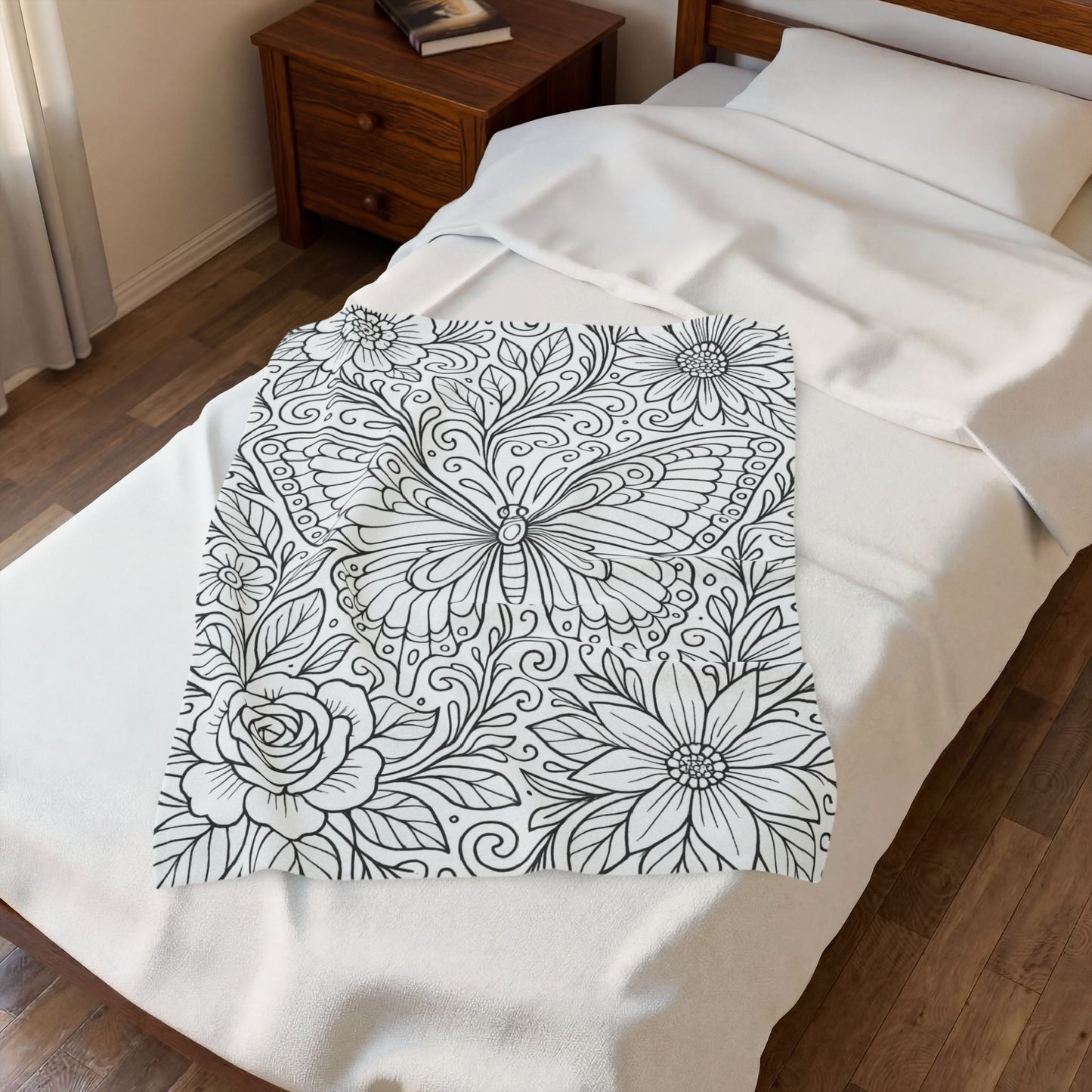 Butterfly Garden Velveteen Plush Blanket — Floral Coloring-Style Throw for Teens & Adults