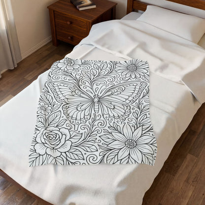 Butterfly Garden Velveteen Plush Blanket — Floral Coloring-Style Throw for Teens & Adults