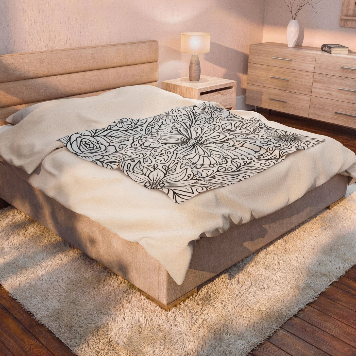 Butterfly Garden Velveteen Plush Blanket — Floral Coloring-Style Throw for Teens & Adults