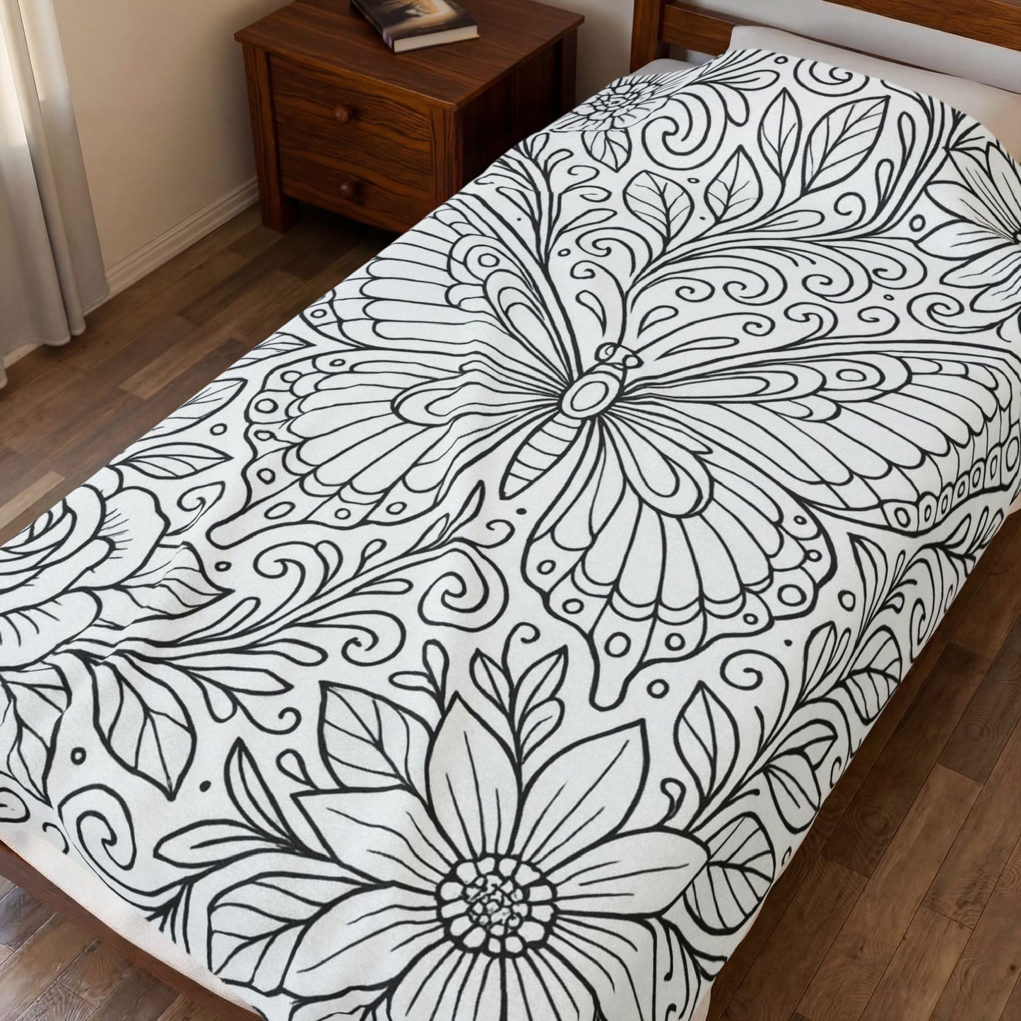 Butterfly Garden Velveteen Plush Blanket — Floral Coloring-Style Throw for Teens & Adults