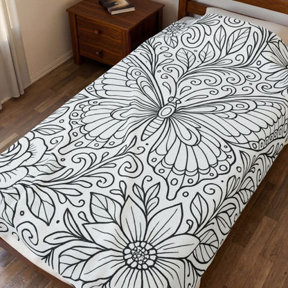 Butterfly Garden Velveteen Plush Blanket — Floral Coloring-Style Throw for Teens & Adults